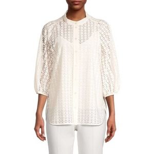 Hugo Boss Puff Sleeve Batisy Lace Button Up Shirt Blouse Open White Womens 2 NWT